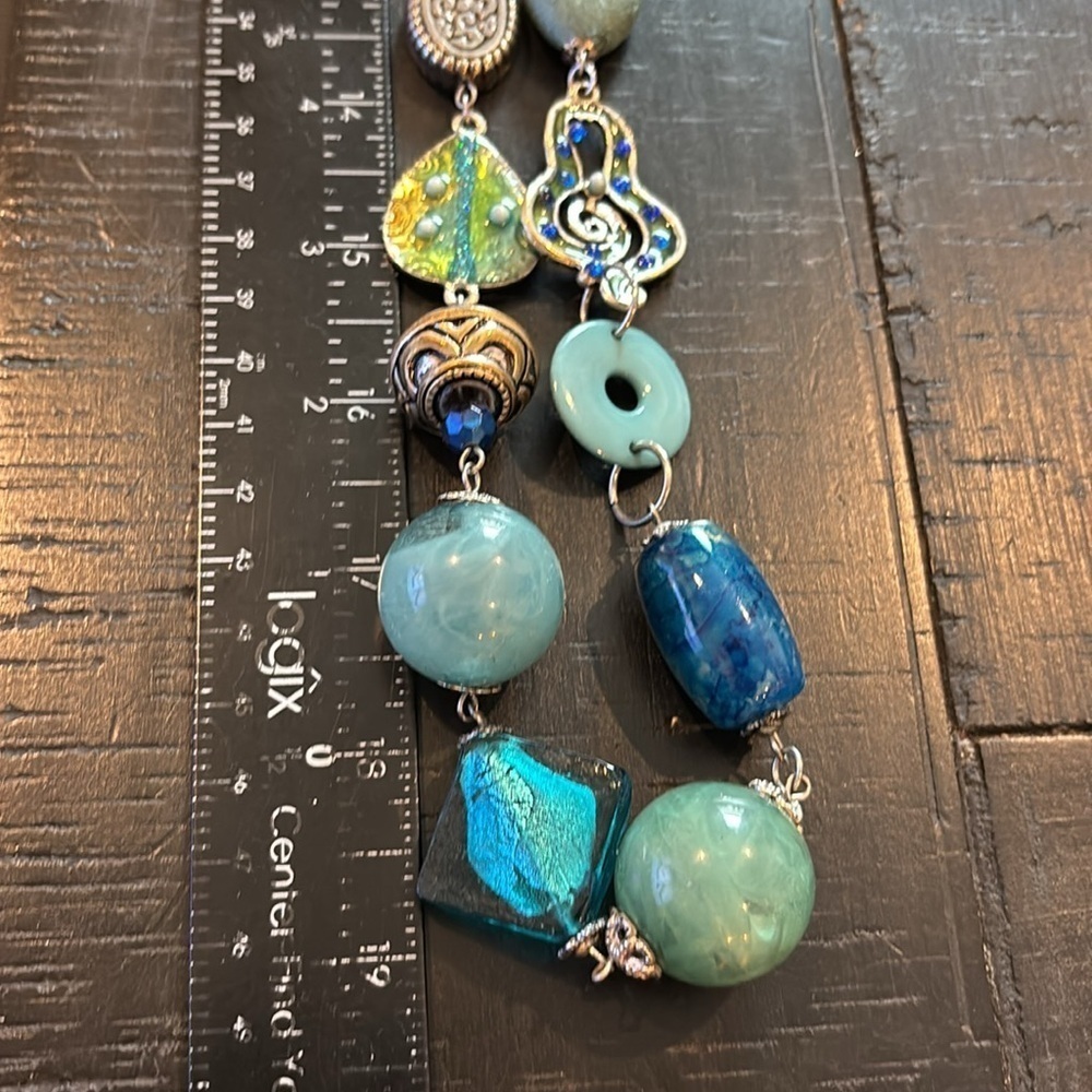Blue Dichroic Glass Acrylic Stone Silver Beaded Long Enamel Beaded Necklace​ - Picture 7 of 8